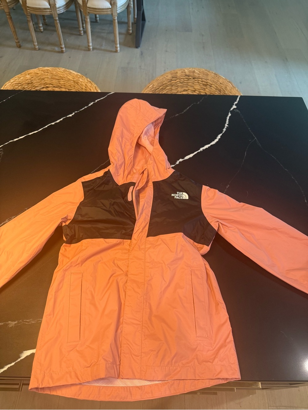 The North Face Kids Hooded Raincoat in Coral with Black Yoke